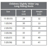 Size chart for Rhinegold Luxus Junior long riding boots in black for wider legs