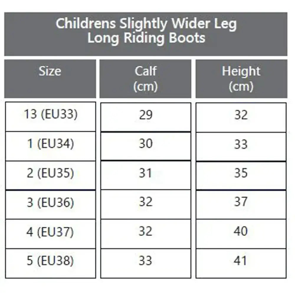 Size chart for rhinegold luxus junior long riding boots with slightly wider leg for kids perfect for riding use
