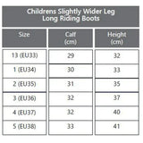 Size chart for rhinegold luxus junior long riding boots with slightly wider leg for kids perfect for riding use