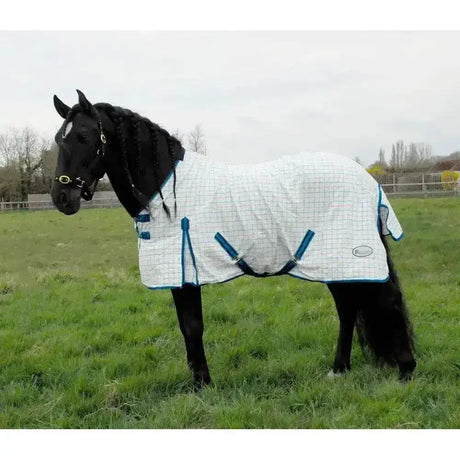 White quilted rhinegold maui check summer sheet rug with blue trim and adjustable straps featuring subtle grid pattern