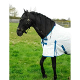 Black horse wearing a rhinegold maui check summer sheet rug in white and blue check with blue trim and buckle closures