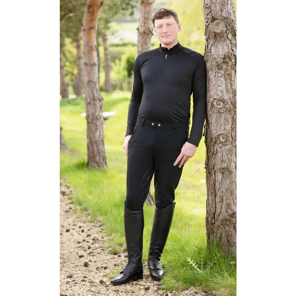 Black rhinegold mens waterproof fitted winter breeches with silver button waistband for mens waterproof winter use