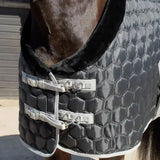 Black quilted rhinegold michigan hexagon stable rug with silver buckles and plush collar for horse comfort