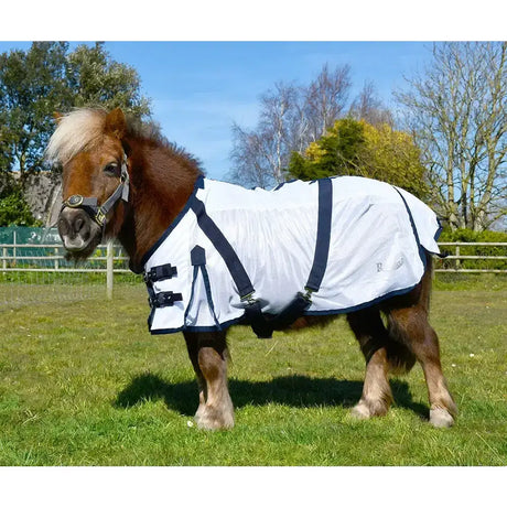 White horse with rhinegold mini fly rug featuring navy blue straps black buckles and detachable neck cover