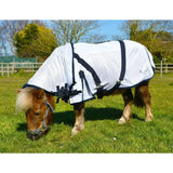 White Rhinegold mini fly rug with detachable neck cover navy trim and adjustable straps for horse protection