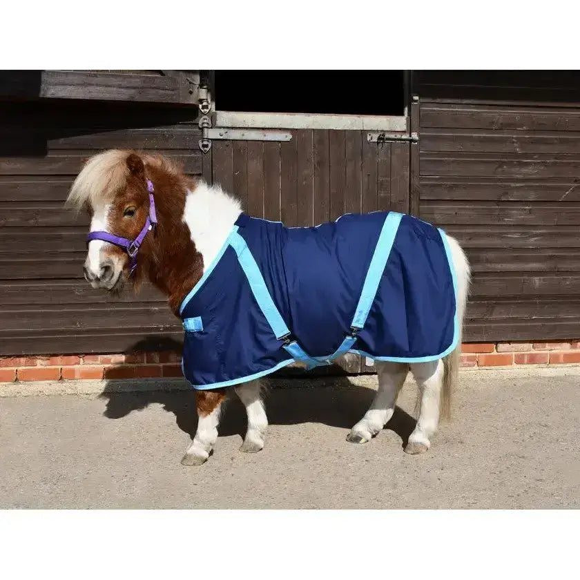 Navy and light blue rhinegold mini summer sheet with adjustable straps extra deep cotton horse blanket