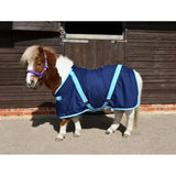 Navy and light blue rhinegold mini summer sheet with adjustable straps extra deep cotton horse blanket