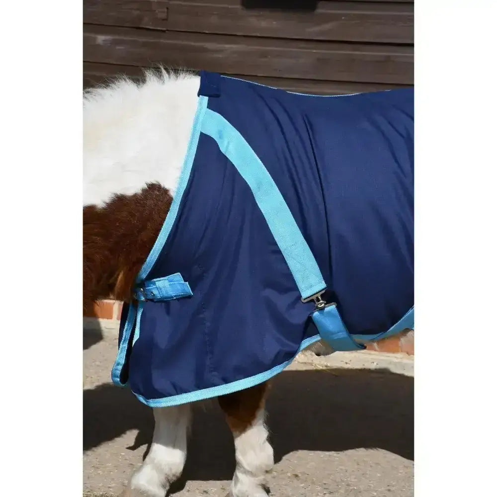 Navy blue rhinegold mini summer sheet with light blue trim extra deep cotton and adjustable straps for horses