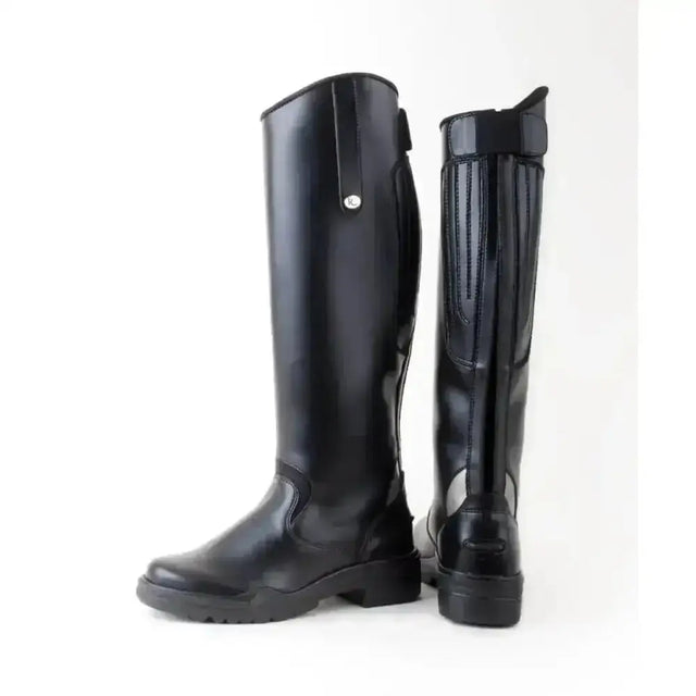 Black glossy rhinegold nebraska synthetic long riding boots with side zipper and reinforced heel for riding use