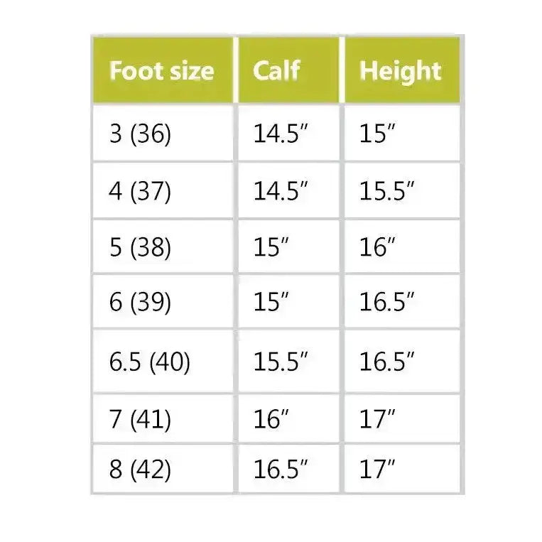 Chart with green headers showing foot size calf and height for sizing rhinegold nebraska synthetic long riding boots
