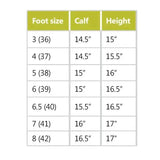 Chart with green headers showing foot size calf and height for sizing rhinegold nebraska synthetic long riding boots