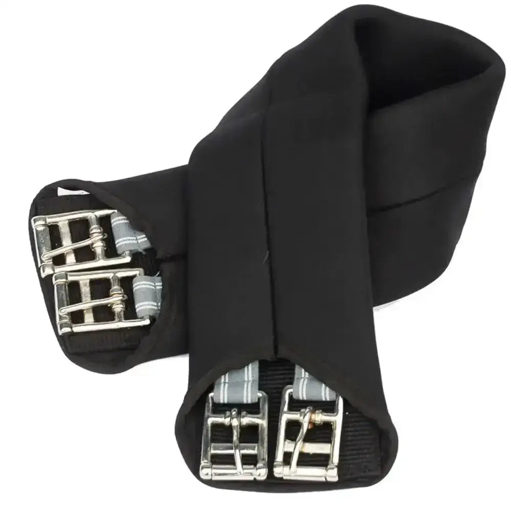 Black rhinegold neoprene dressage girth with silver buckles and gray striped elasticated ends for secure fit