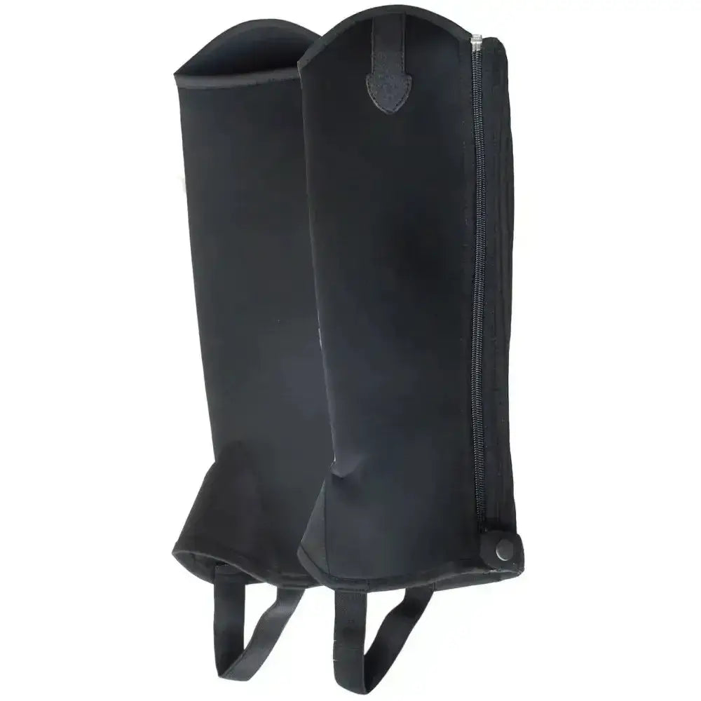 Black leather rhinegold neoprene gaiters with zipper closure and adjustable straps featuring elasticated stretch panel