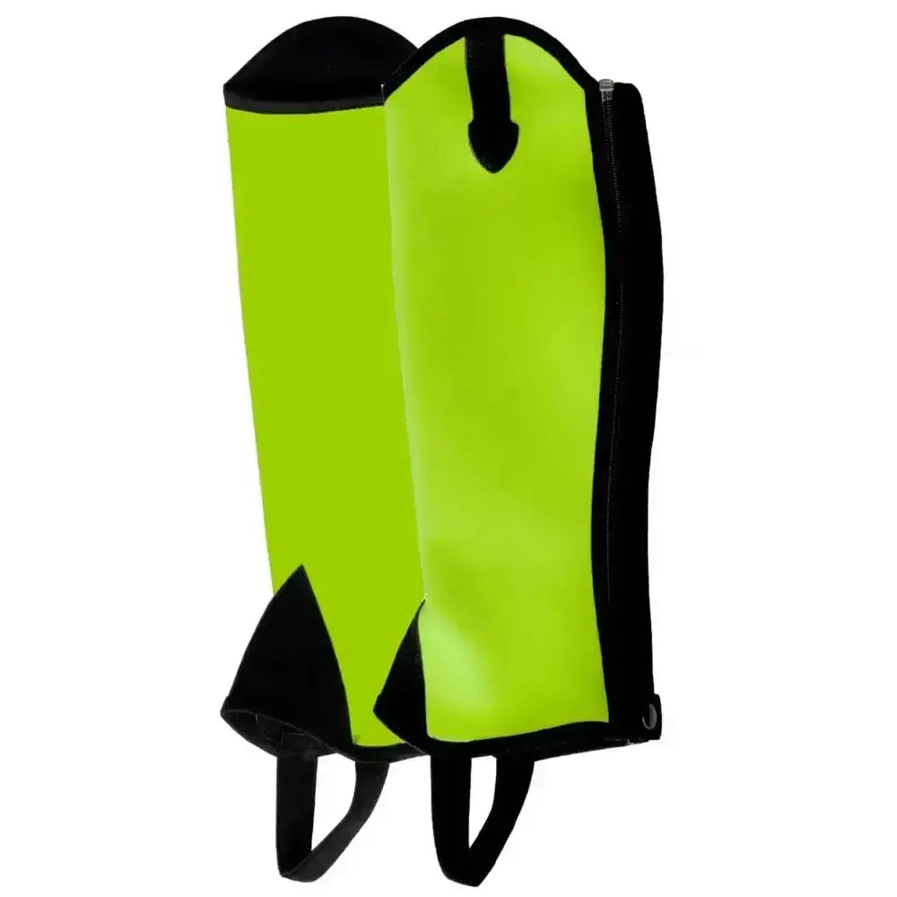 Bright lime green and black rhinegold neoprene gaiters chaps with zipper closure and elasticated stretch panel for horses