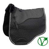 Black quilted Rhinegold non-slip gel saddle cloth with mesh panel and faux fur saddle trim for shock absorbing use