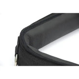 Black padded weightlifting belt with reinforced stitching and metal d-ring to attach lunging aids rhinegold nylon lunging