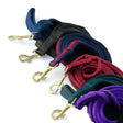 A collection of colorful braided leather padded lead ropes by rhinegold with brass trigger hook clasps