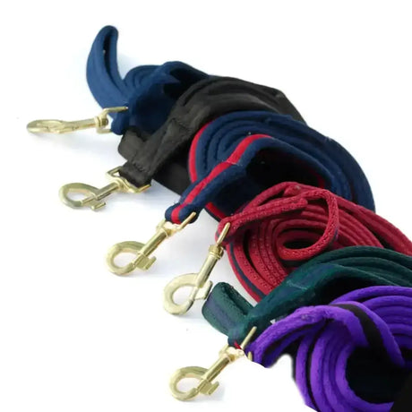 A collection of colorful braided leather padded lead ropes by rhinegold with brass trigger hook clasps