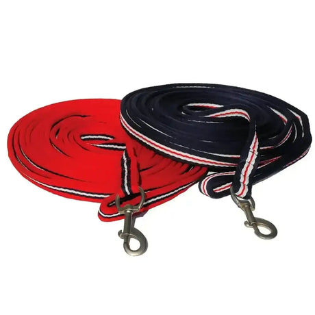 Red and navy blue rhinegold padded lunge reins with white red striped edges and metal d-ring swivel trigger clip