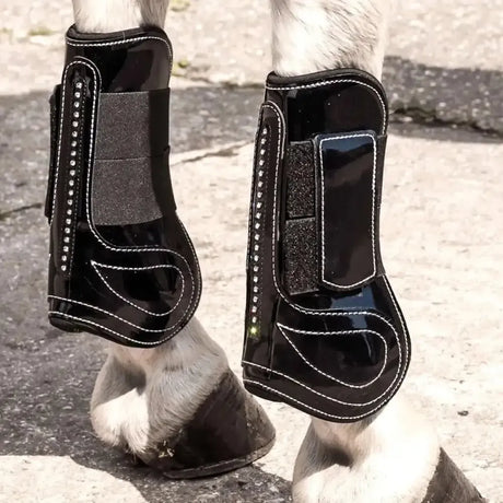 Rhinegold Patent Tendon & Fetlock Boot Set With Crystals Black Cob Tendon Boots