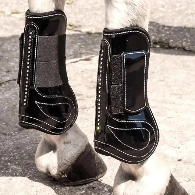 Rhinegold Patent Tendon & Fetlock Boot Set With Crystals Black Cob Tendon Boots