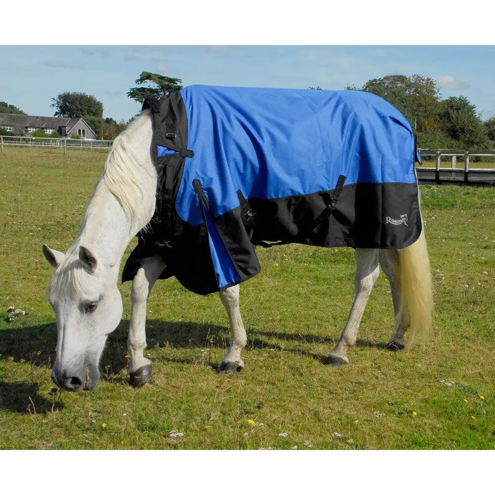 Blue and black rhinegold phoenix outdoor horse blanket with durable fabric and easily adjustable neckline straps