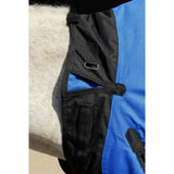 Blue and black rhinegold phoenix outdoor horse blanket with textured weave and easily adjustable neckline straps and metal buckles
