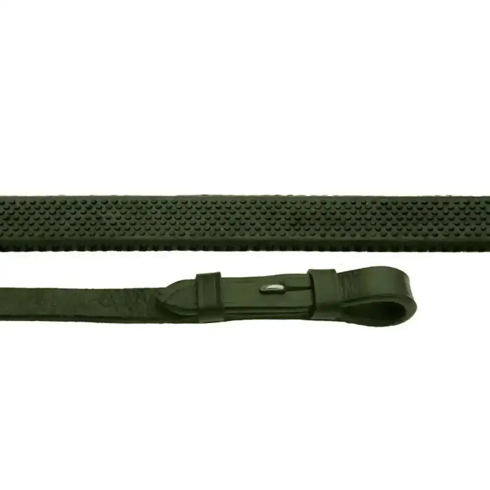 Black textured leather rhinegold pimple grip reins with metal buckle offering pliable pimple grip control