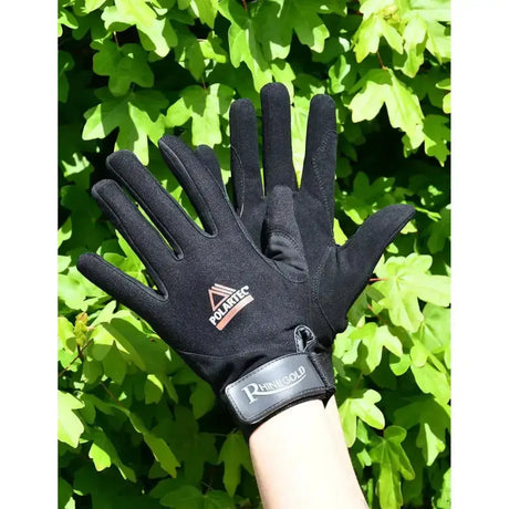 Black rhinegold polartec suede palm riding gloves with reinforced fabric and branded wrist strap showing back side