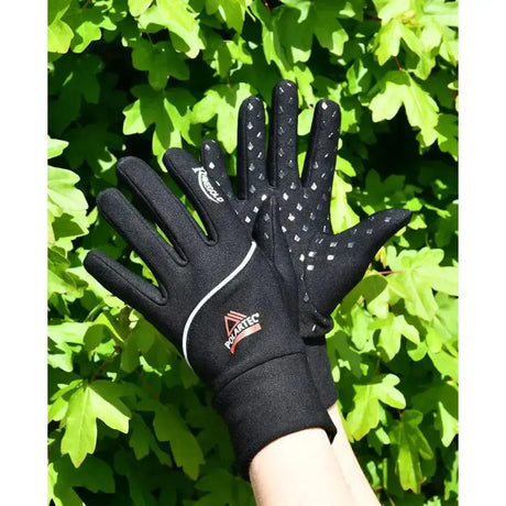 Black rhinegold polartec winter reflective riding glove with white grip dots and red logo patch for outdoor use