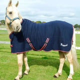 Navy blue quilted rhinegold premium tech celltex cooler rug with red trim and black straps featuring rhinequus logo