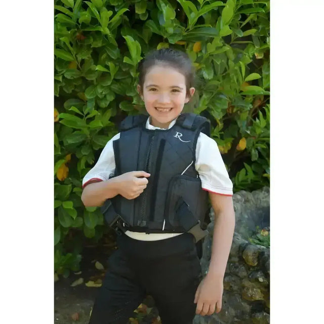 Black rhinegold prestige zip childs body protector with reflective stripes and white logo shoulder protector standard