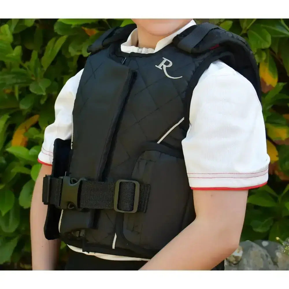 Black rhinegold prestige zip childs body protector vest with white logo and adjustable straps for shoulder protector standard