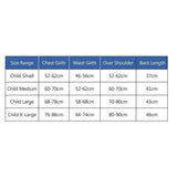 Child size measurement chart with blue headers for rhinegold prestige zip childs body protector shoulder protector standard