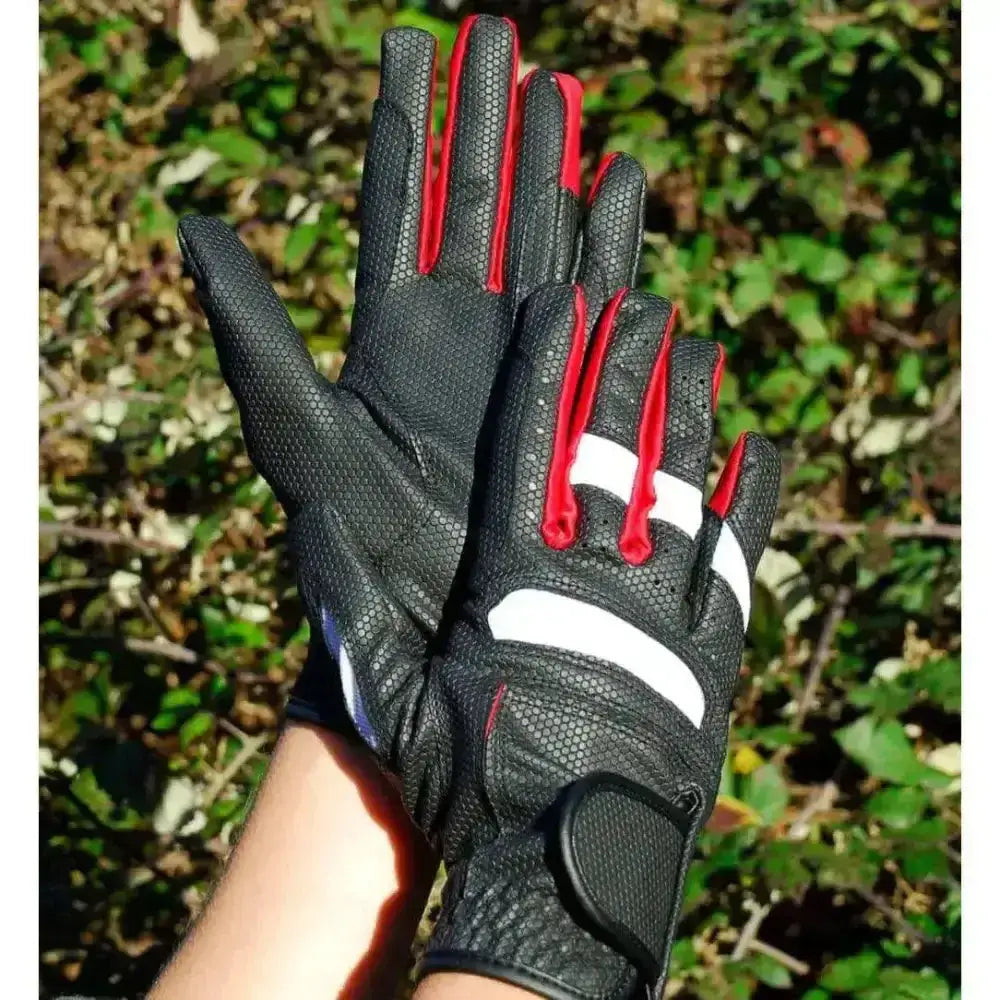 Black and red rhinegold pro riding gloves showing textured perforated synthetic back for confident grip and style