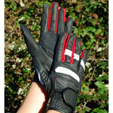 Black and red rhinegold pro riding gloves showing textured perforated synthetic back for confident grip and style