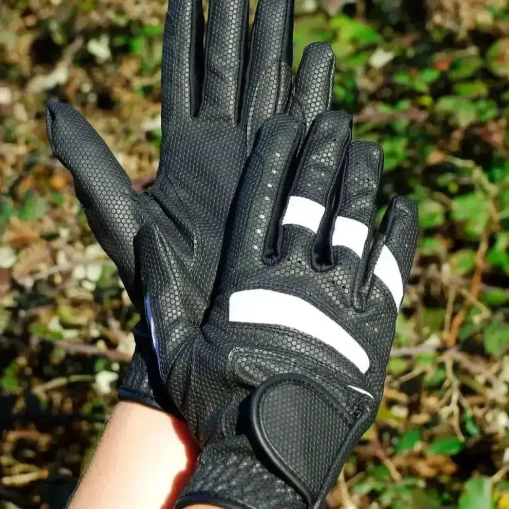 Back of black rhinegold pro riding gloves with white reflective stripes breathable mesh and adjustable wrist strap synthetic