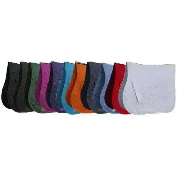 A collection of rhinegold quilted cotton saddle pads in colors like black green purple blue orange red and white