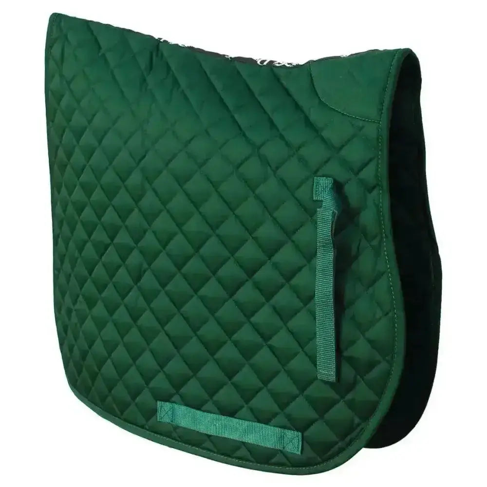 Deep green rhinegold quilted cotton saddle pad with diamond pattern and black inner lining for riding use