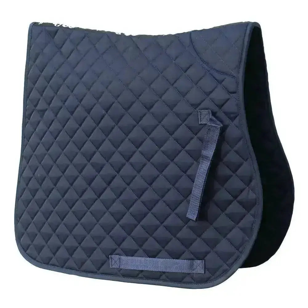 Dark blue rhinegold quilted cotton saddle pad with diamond stitching and fabric straps for riding use