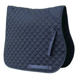 Dark blue rhinegold quilted cotton saddle pad with diamond stitching and fabric straps for riding use