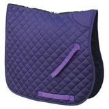 Purple rhinegold quilted cotton saddle pad with black trim and matching purple straps for riding comfort