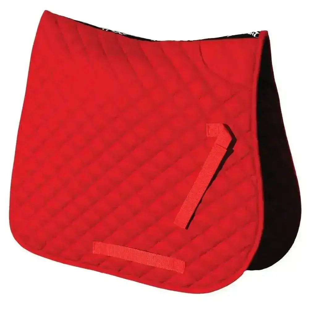 Red rhinegold quilted cotton saddle pad with black underside and matching strap perfect as cotton quilted saddlecloths