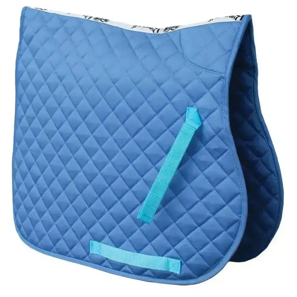 Blue rhinegold quilted cotton saddle pad with teal straps white border and black text for riding use