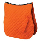 Bright orange rhinegold quilted cotton saddle pad with black trim and white floral embroidery for horses