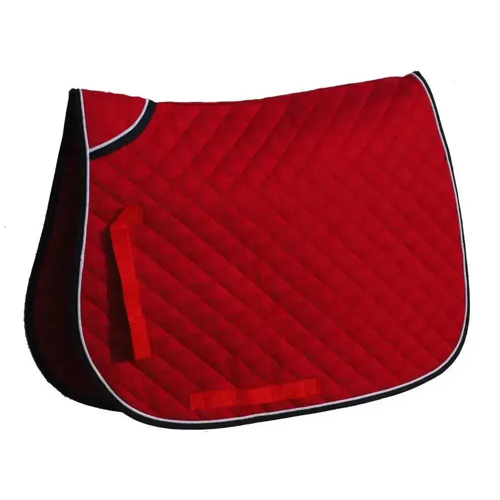 Red rhinegold quilted saddle cloth with contrasting colour piping in black and white for horses