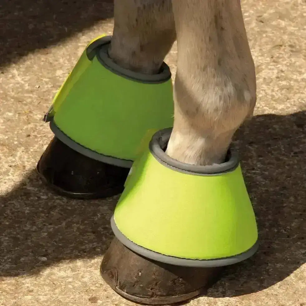 Bright lime green rhinegold reflective reach boots neoprene with gray trim and double-touch tape closure for horses