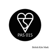 Black circular british kite mark logo with white heart and s symbol pas 015 on rhinegold reflective pro ventilated riding hat