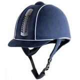 Navy blue rhinegold reflective pro ventilated riding hat with white trim and silver logo panel for safety and comfort