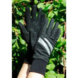 Black rhinegold reflective winter gloves showing back with silver stripes and silicone grip palm textured fingertips